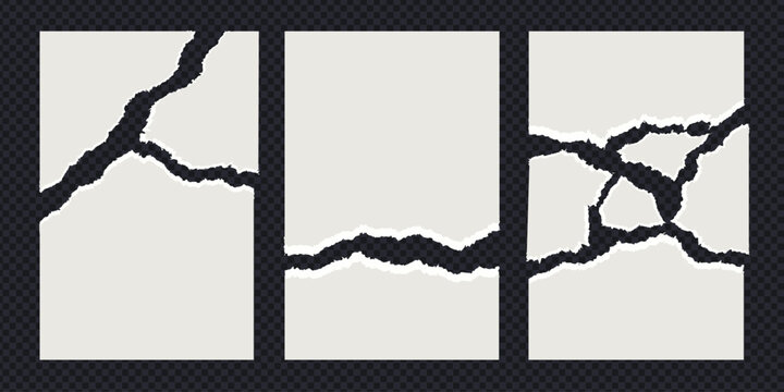 Ripped and torn paper frame set with rough edges. Isolated vector illustration of blank white paper sheets with cracked and shredded textures on transparent background for collage design.