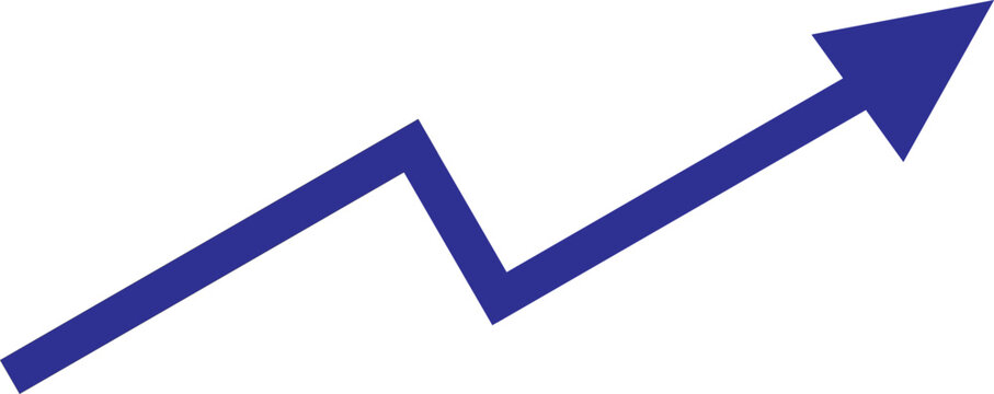 Blue rising arrow vector, upward growth trend line, financial success and progress chart icon