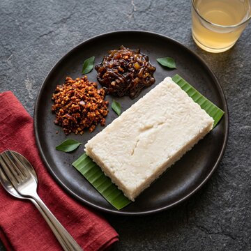 Professional Close-Up Photograph of Authentic Sri Lankan Kiri Bath - Traditional Milk Rice with Lunu Miris and Seeni Sambol - Dark Matte Stone Background - 8K Stock Photo