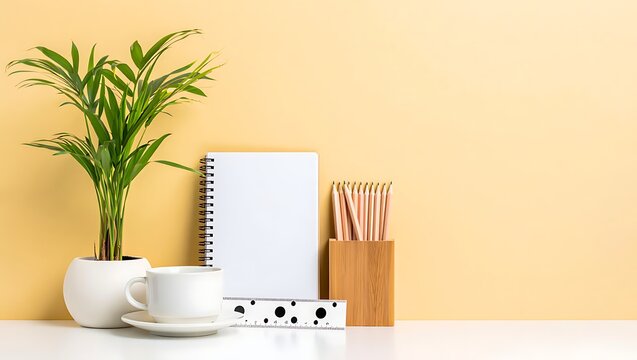 Desk setup with potted plant notebook coffee cup and pencils home office desk accessories study table home decor notebook