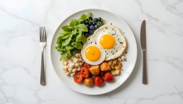 Top view of healthy breakfast plate on bright white background.
