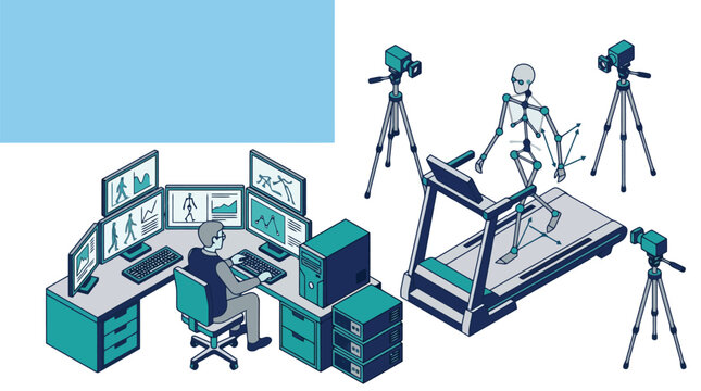 Studio workstation with multiple monitors and camera tripods.