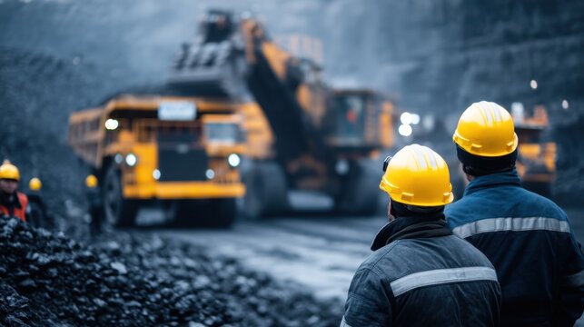 Workers in Safety Helmets Observing Heavy Machinery Operations in a Dimly Lit Coal Mining Site with Trucks and Excavators