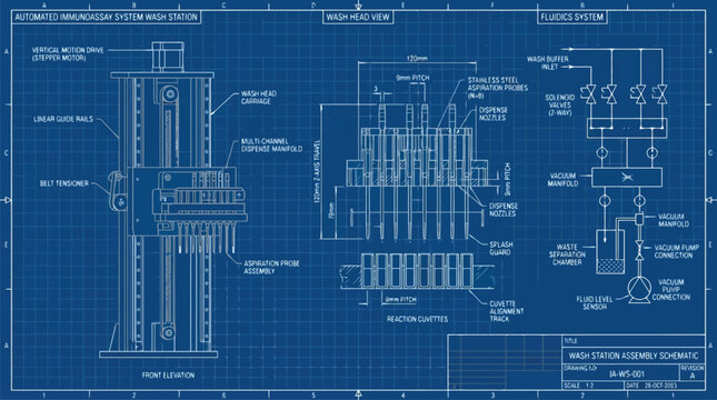 Technical blueprint schematic drawing of machinery and components.