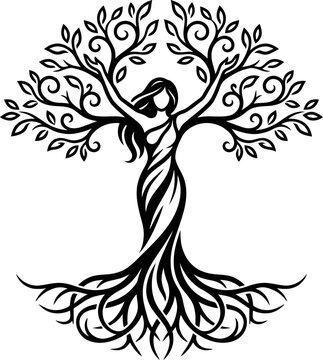 Monochrome line drawing depicting a female silhouette with outstretched arms holding tree branches and flowing leaves against a plain background.