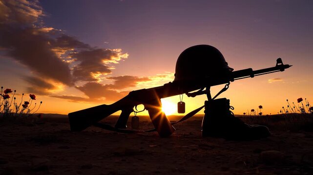 Battlefield memorial silhouette at sunset with rifle, helmet, dog tags, and boots in a field of poppies; concept for fallen soldiers and Veterans Day