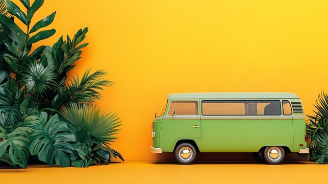 A vintage green retro camper van parked sideways features a classic design with smooth clean lines
