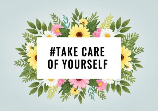 self care motivation floral wreath with hashtag take care of yourself message