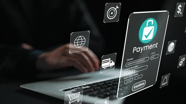 Modern Online Payment Processing Concept with Virtual Security Features and User Interface Elements on a Laptop in Dark Environment Gluon.