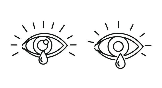Crying eye line art icons with tear drops