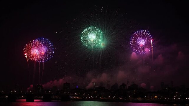 Colorful fireworks illuminate the night sky above a distant city skyline