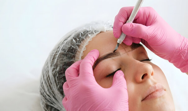 Professional eyebrow embroidery or semi-permanent makeup procedure being performed on a woman in a beauty salon