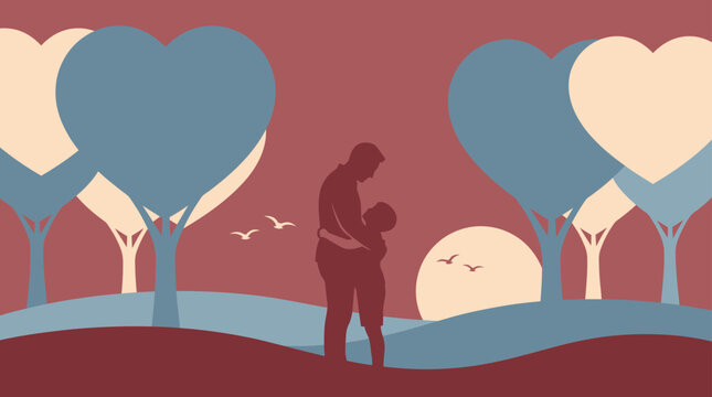 A loving couple's tender embrace at sunset amidst heart-shaped trees, symbolizing an eternal romantic connection