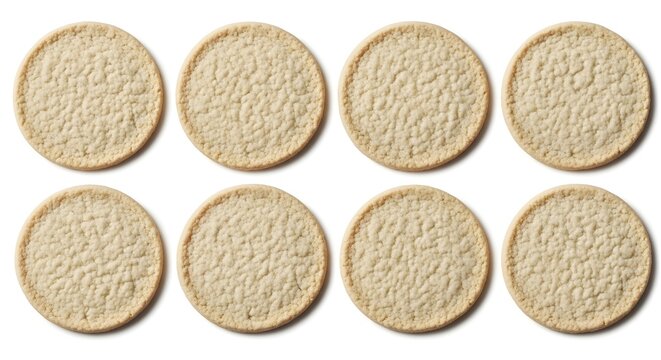 Eight round, textured beige crackers arranged in two rows on a clean and bright white background snack