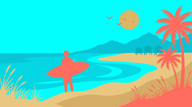 Vibrant vector illustration of a serene tropical beach, where a surfer stands ready for waves under a glowing sunset, evoking a perfect summer escape