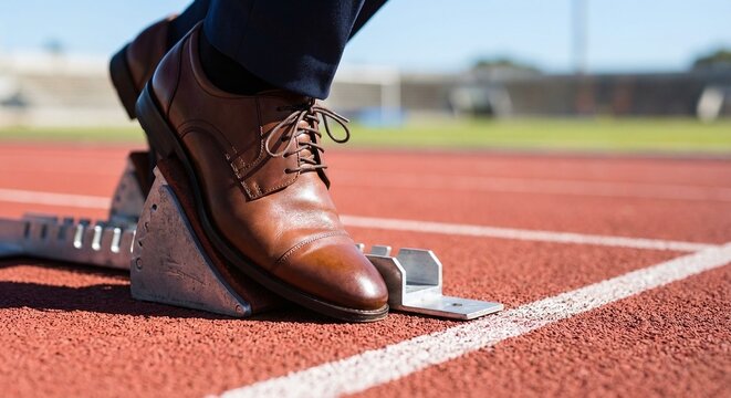 Man in starting block on track for business competition