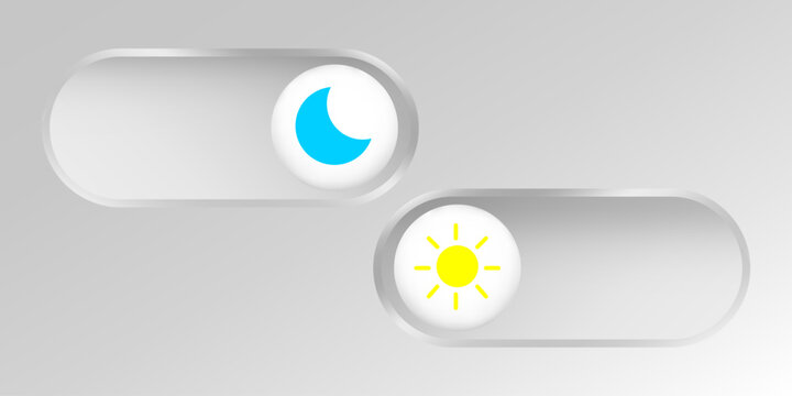 Night and day mode toggle button featuring moon and sun icons on sleek slider switch for dark and light theme control in digital applications