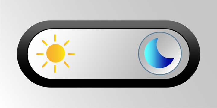 Modern toggle slider with sun and moon symbols for theme switching. Minimalist UI element enabling smooth transitions between light and dark interfaces.