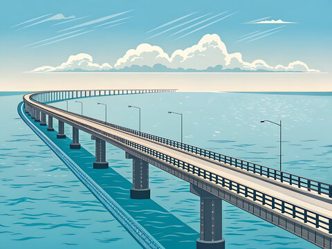 Flat vector Rameswaram Pamban Bridge sea bridge, open horizon