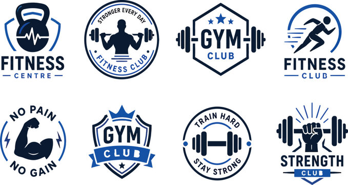 Collection of gym and fitness logos featuring bodybuilders kettlebells dumbbells and laurel wreaths in a strong graphic style.
