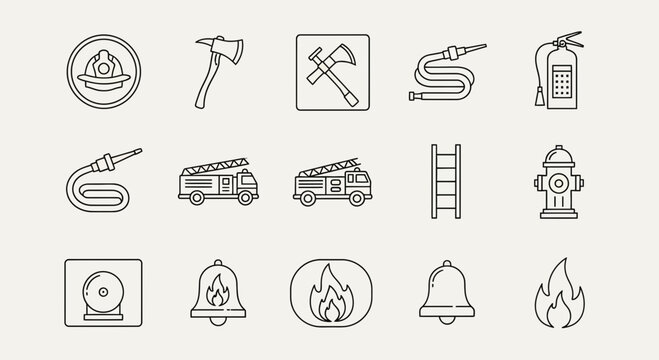 Set of Firefighter Equipment and Emergency Services Line Icons