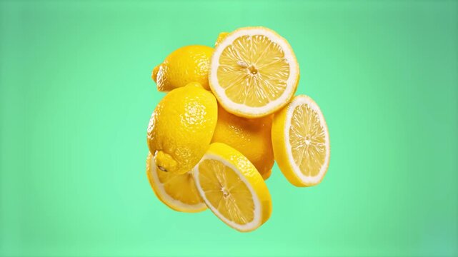 A vibrant 3D motion graphics loop showing whole yellow lemons and fresh circular slices falling through the air against a solid green background. Great for summer beverage advertising, healthy diet co