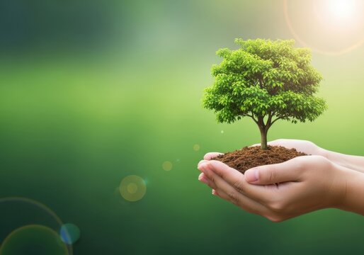hands holding small green tree seedling in sunlight for eco sustainability concept