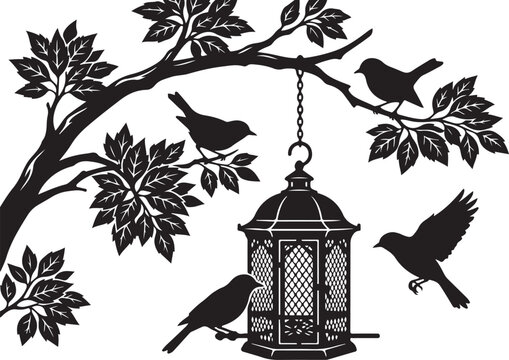 Birds on tree branch, birdcage, black silhouettes, hanging lantern, wildlife scene, vector icons