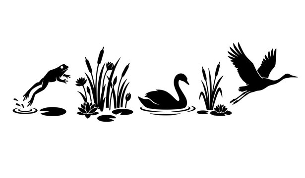 Modern wetland silhouettes with frog crane swan reeds and water lilies minimal vector isolated on white