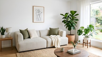 Naklejka premium Modern living room with comfortable sofa, plants, and natural light, minimalist decor
