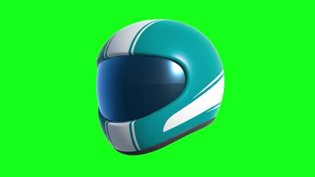 A dynamic 3D-animated turquoise motorcycle helmet with white racing stripes, optimized for chroma key compositing. Perfect for sports gear advertising, action-oriented video projects, and automotive b