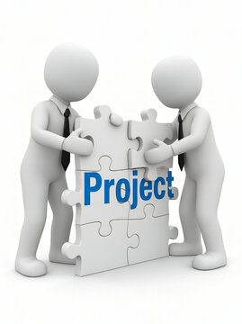 Two white 3D figures collaborate on a puzzle forming the word 'Project', symbolizing teamwork and strategic business development for successful completion