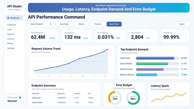 Modern API Performance Monitoring Dashboard UI Design with Traffic Analytics Latency Metrics and Developer Operations Data Visualization