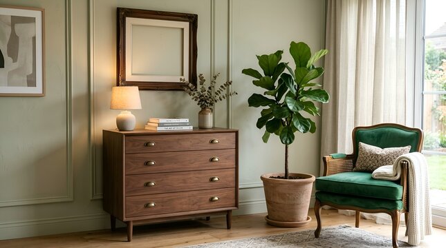 Cozy Living Room with Green Walls, Vintage Dresser, Plush Armchair, and Fiddle Leaf Fig Plant