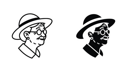 Elderly woman profile portrait icon in outline and solid black silhouette style © Visual