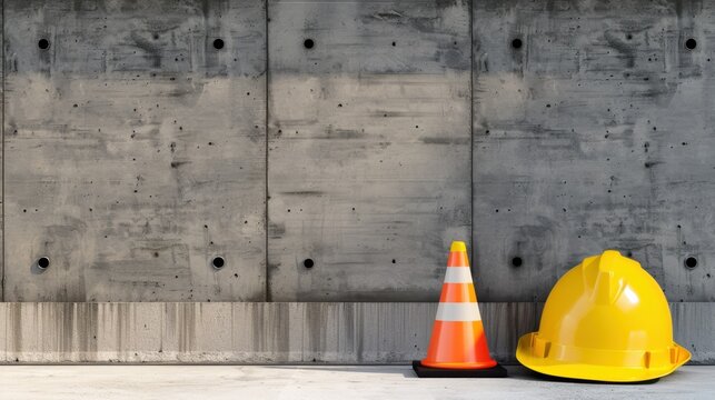 Construction Safety Gear on Industrial Background with Concrete Wall and Warning Cone in Yellow Color Palette