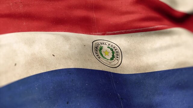 A Paraguay flag, made of old cloth, dirty and stained, flutters in the wind. A Worn Paraguay Flag Waves In The Breeze.
