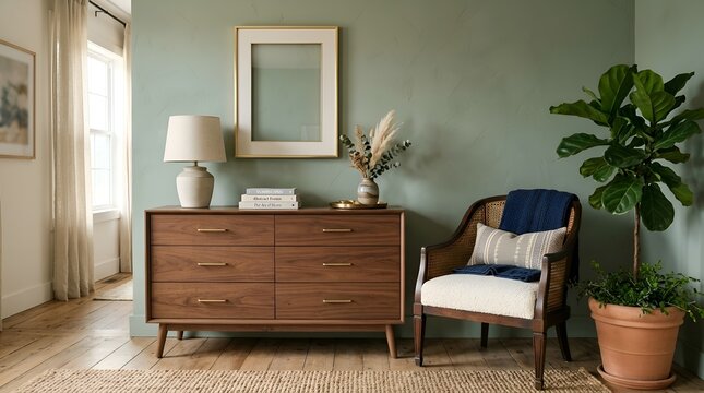 Cozy Mid-Century Modern Living Room with Walnut Dresser and Rattan Chair