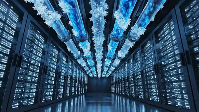 Illuminated server racks create a futuristic digital data center corridor with glowing blue conduits overhead representing powerful technology and global network infrastructure for connectivity and in