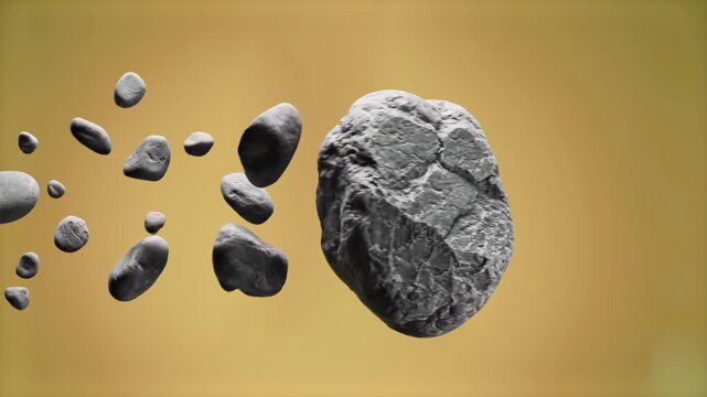A large, detailed grey space rock floats alongside smaller tumbling asteroids in a slow-motion simulation. The scene is shot against a solid, neutral beige backdrop, ideal for educational science cont