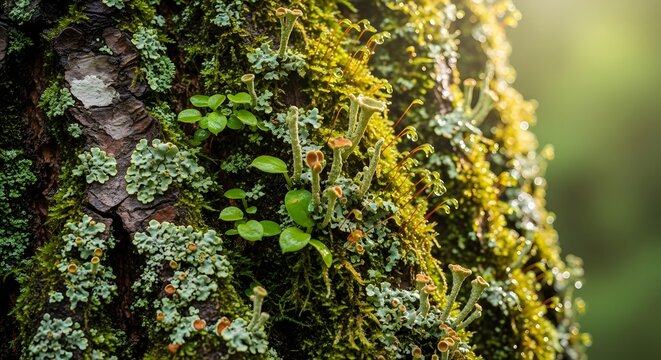 Green moss and tiny spores growing on rough tree bark. Forest macro ecosystems and natural woodland beauty. Sunlight illuminating delicate flora thriving on an old forest trunk.