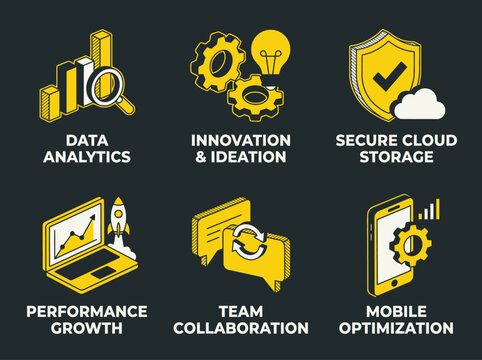 Isometric Business and Technology Icon Set: Data Analytics, Cloud Security, Team Collaboration, Innovation, Performance Growth, and Mobile Optimization Icons