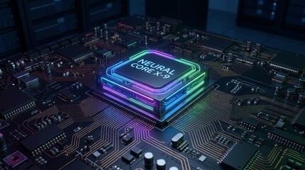 Fototapeta premium NEURAL CORE X-9 Processor — Neon-Illuminated CPU Chip on Futuristic Circuit Board