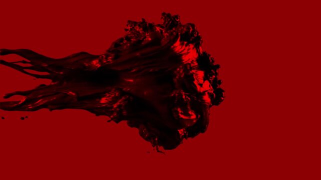A striking 3D fluid simulation depicting a dark, glossy viscous liquid splash with moody lighting set against a deep red backdrop. Great for dramatic product teasers, high-end cosmetic or luxury brand