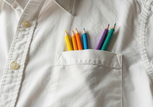 colorful pencils in white shirt pocket for back to school or office concept