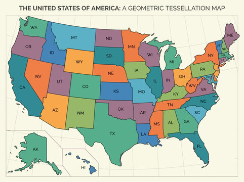 Colorful Geometric Tessellation Map of the United States of America with State Abbreviations, Alaska and Hawaii Insets, Infographic Style Illustration