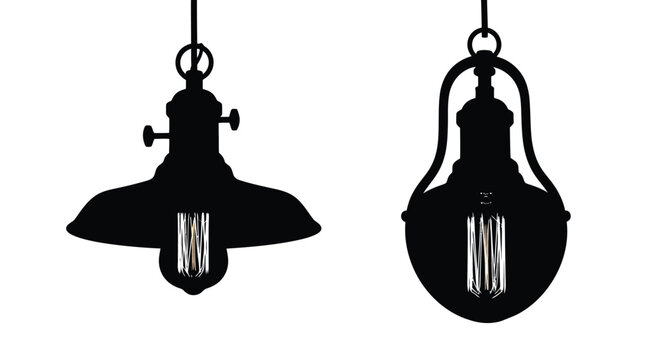 Two vintage hanging lamps in black silhouette against a white background decorative lighting fixtures silhouette high quality professional detailed modern elegant stylish clean