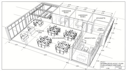 Fototapeta premium Isometric architectural drawing of a modern office floor plan, showcasing workstations, conference rooms, and breakout areas with detailed dimensions.