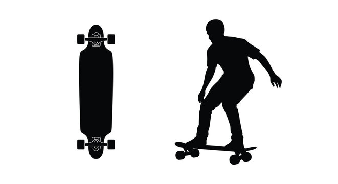Skateboarder riding a longboard and skateboard silhouette against a white background silhouette high quality professional detailed modern elegant stylish clean crisp vibrant colorful