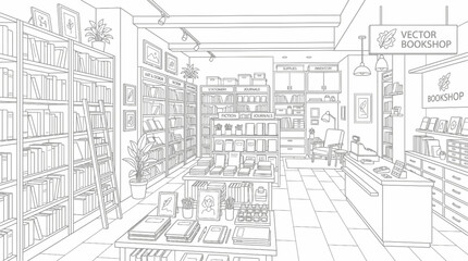 Fototapeta premium Interior view of a meticulously detailed bookshop, showcasing shelves filled with books, display tables, and a counter area.